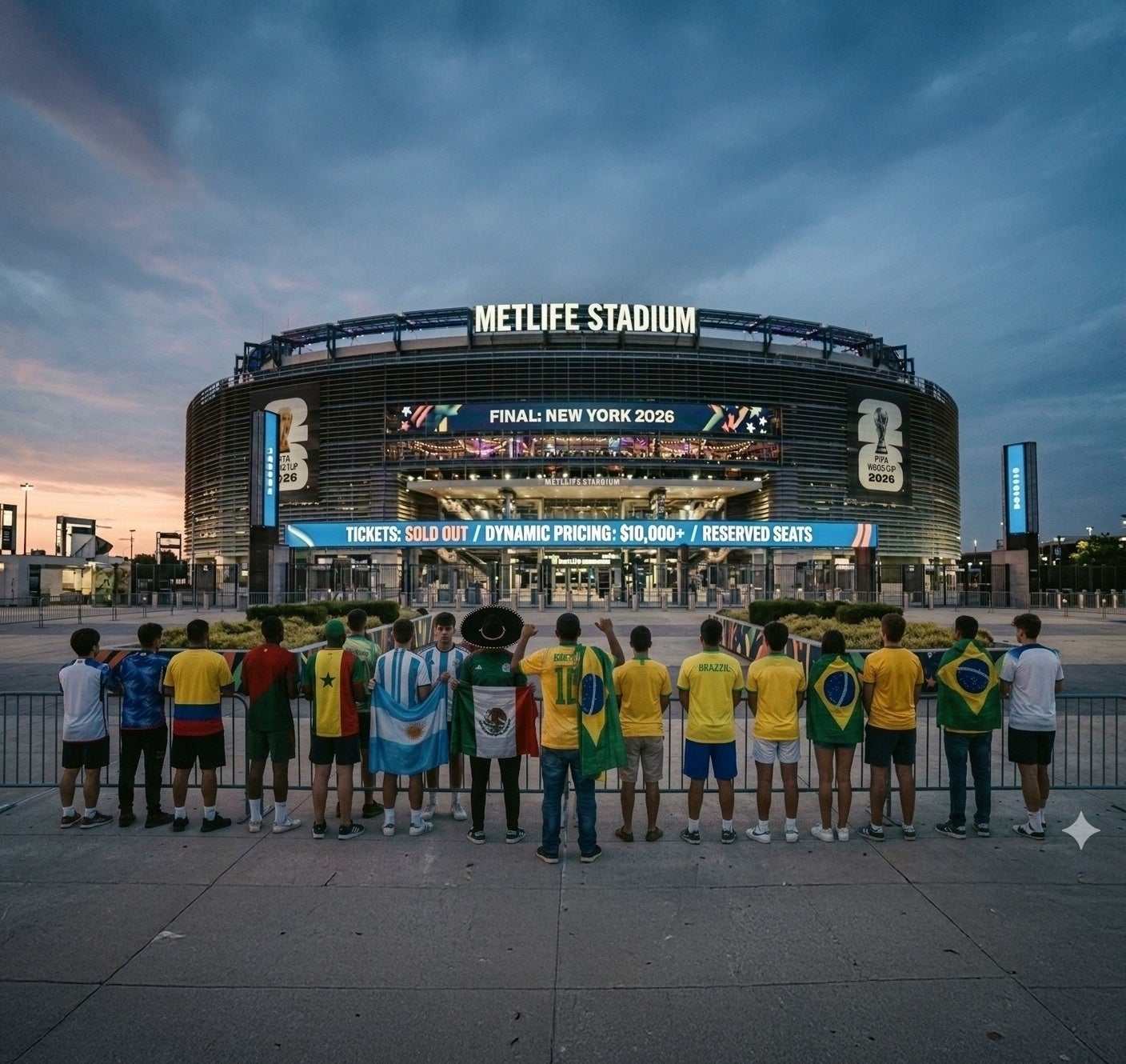 Fachada externa do MetLife Stadium iluminada, estádio que receberá partidas e a final da Copa do Mundo de 2026.