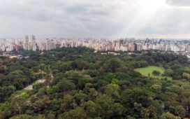 Vista aérea do Parque Ibirapuera com o horizonte de São Paulo ao fundo