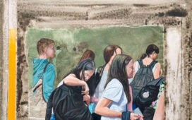 Arte de Henrique Lott com figuras humanas representadas em cenas do cotidiano