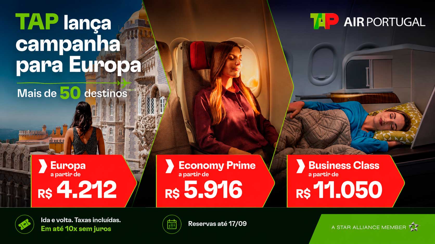 Campanha da TAP reúne mais de 50 destinos europeus, tarifas promocionais em três cabines e descontos em serviços extras.